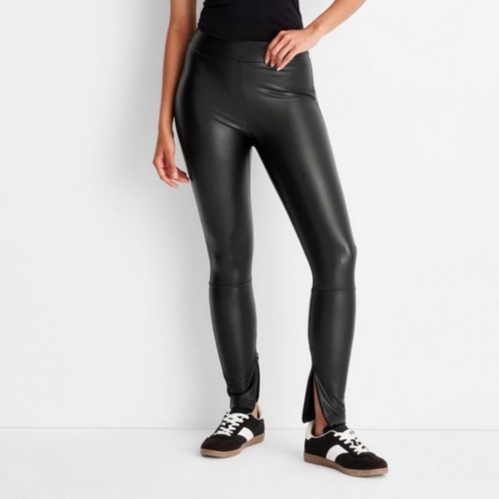 Women's High-Waisted Slim Fit Faux Leather Leggings - A New Day Black XXL
